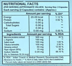 Nutritional facts label for a supplement with ingredients and their amounts per serving.