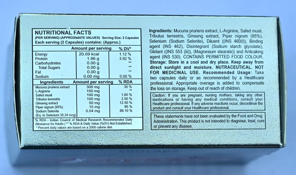 Nutritional facts and ingredients label on a supplement package.