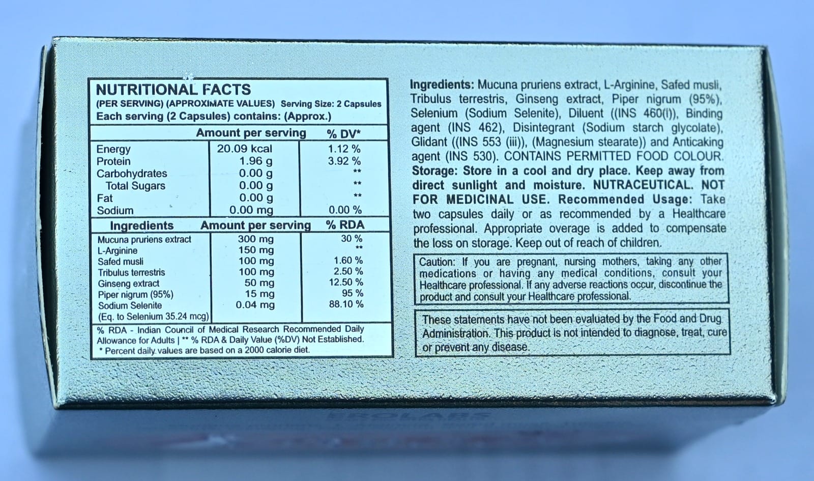 Nutritional facts and ingredients label on a supplement package.