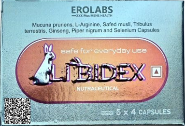 Box of Libidex capsules by Erolabs with rabbit illustration and product details.